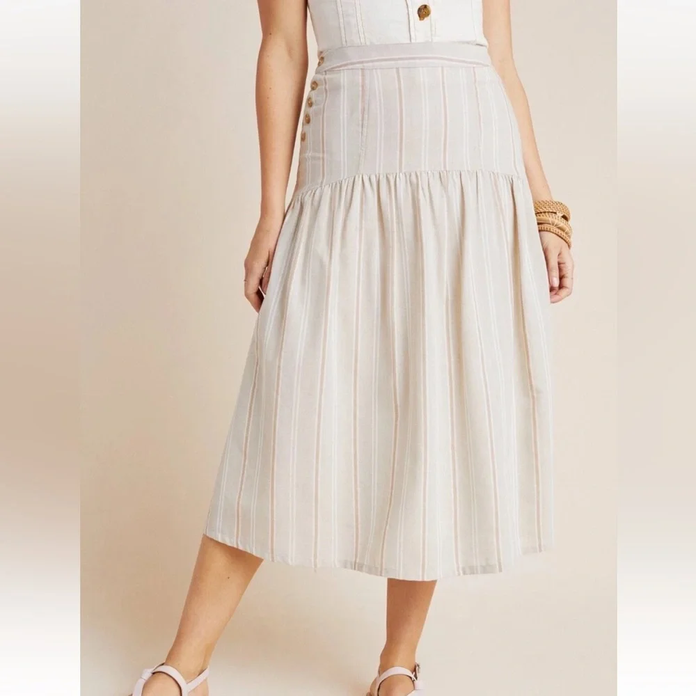 Anthropologie Evonna Striped Skirt US10 Side Zip Button Embellishments NEW